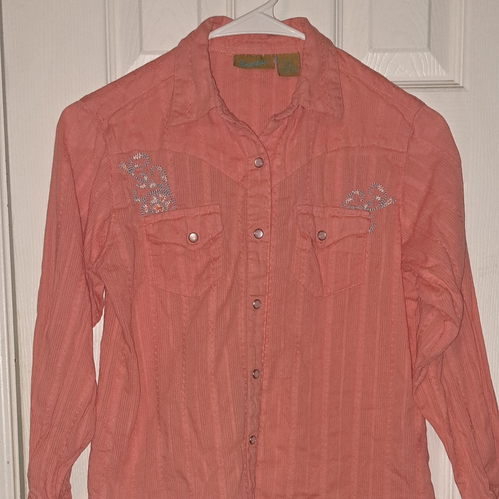 Wrangler button up shirt. Kids size XL. Coral color with light blue accent